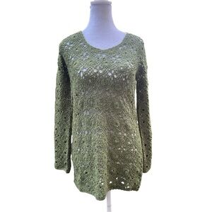 Handmade Olive Green Crochet Tunic Sweater Long Sleeve Boho Festival Top S/M
